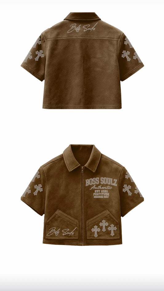 Suede zip up shirt - Brown (Pre-order)