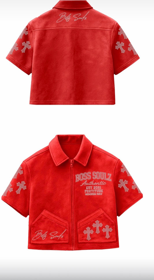 Suede zip up shirt - Red (Pre-order)